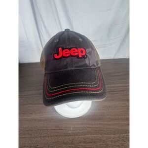 Jeep Logo Baseball Cap Distressed Brown & Black Cotton Adjustable Jeep Trucker